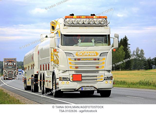 LEMPAALA, FINLAND - AUGUST 9, 2018: Scania R560 tank truck of Johan Nordqvist Transport AB from Sweden in convoy to Power Truck Show 2018, Finland