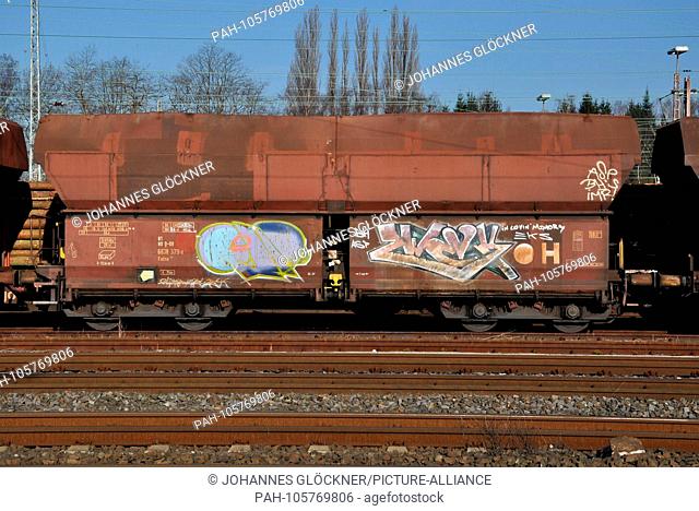 Graffiti on freight waggon on 28.03.2015 in Schwerte/Ruhr - Germany. | usage worldwide. - Schwerte/Ruhr/Nordrhein-Westfalen/Germany