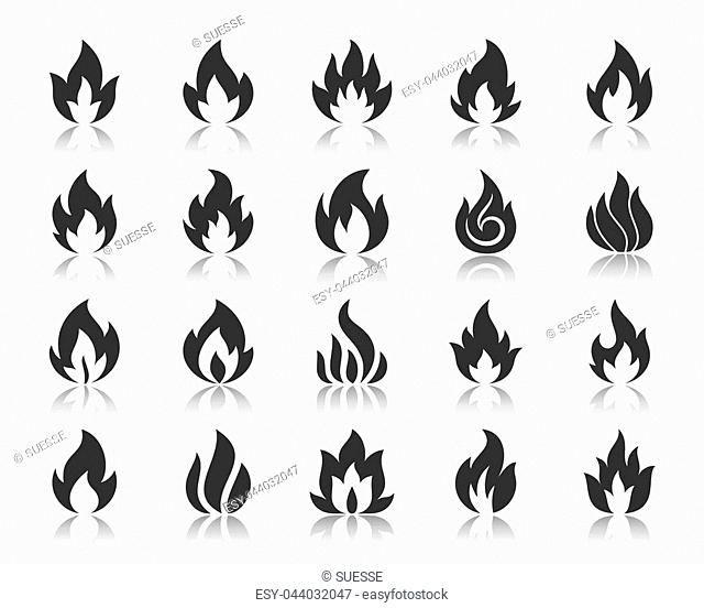 Fire silhouette icons set. Monochrome web sign kit of bonfire. Flame pictogram collection includes combustion fuel, candlelight, template