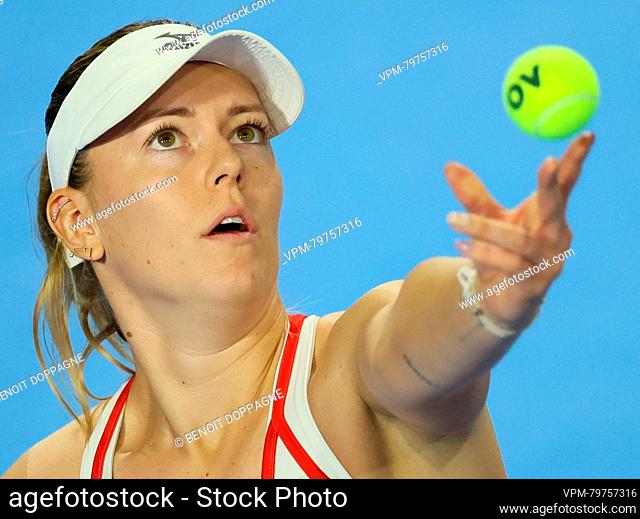 Hungarian Dalma Galfi tosses the ball to serve during a tennis match between Belgian Minnen and Hungarian Galfi, the first rubber in the meeting between Belgium...