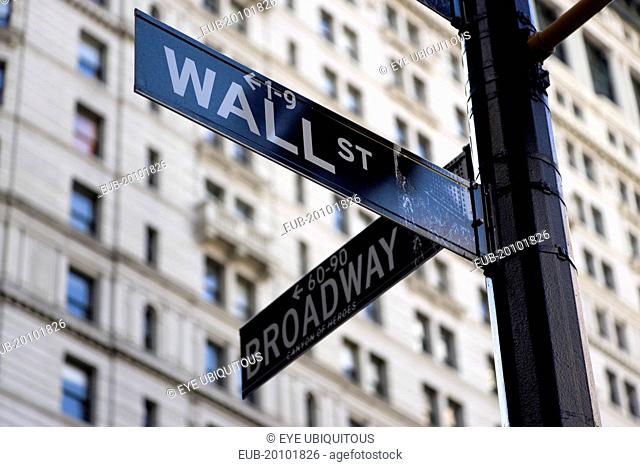 Manhattan Street signs for Wall Street and Broadway in the financial district