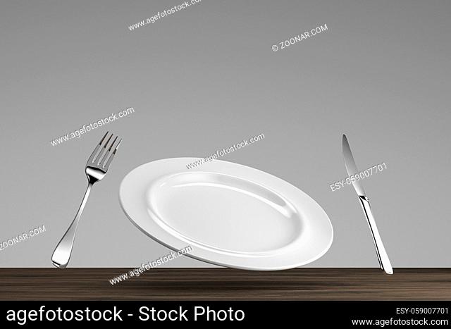 white porcelain dinnerware with silver cutlery - Illustration