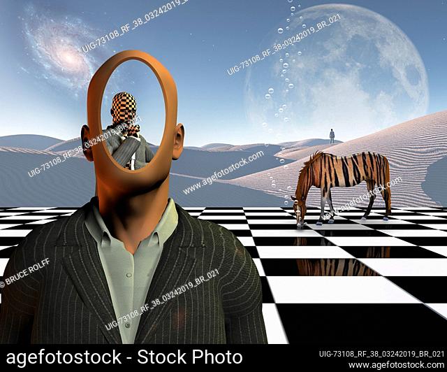 Surrealism. Faceless businessman with another thinking businessman behind him stands on chessboard. Lonely man in a distance. White sand dune