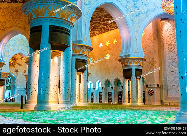 ABU DHABI, UNITED ARAB EMIRATES - FEB 12, 2019: Interior of Sheikh Zayed Grand Mosque in Abu Dhabi, United Arab Emirates