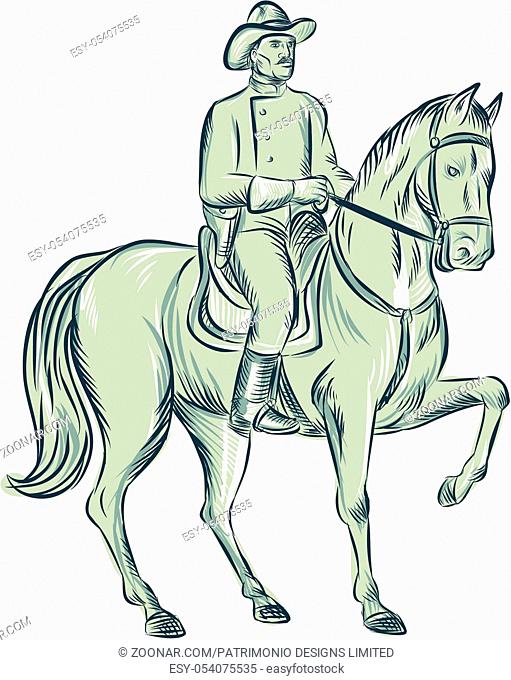 Etching engraving handmade style illustration of a calvary soldier riding horse viewed from front set on isolated white background