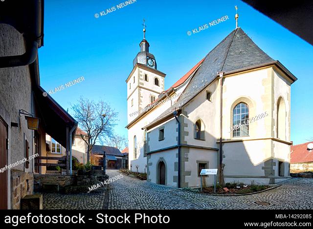 Church castle, former fortified church, gaden, church, St.Cosmas and Damian, house facade, winter, Euerbach, Franconia, Germany, Europe