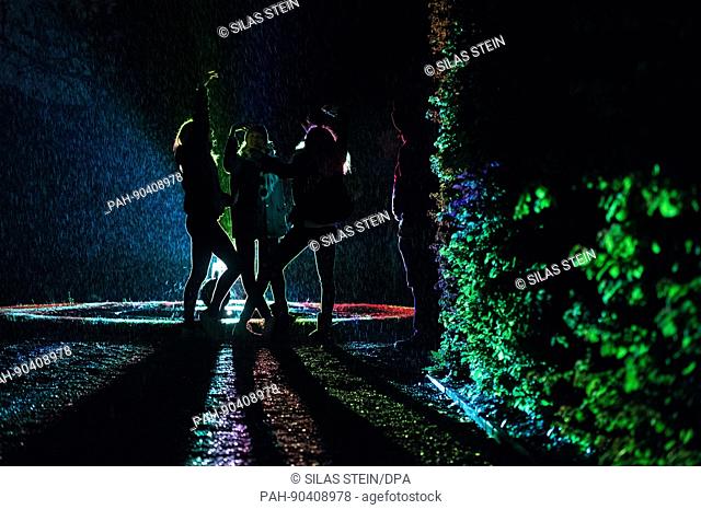 The outlines of visitors seen by the 'Painting the Night' light installation by Austrian artist Victoria Coeln in the Great Garden of the Herrenhausen Gardens...