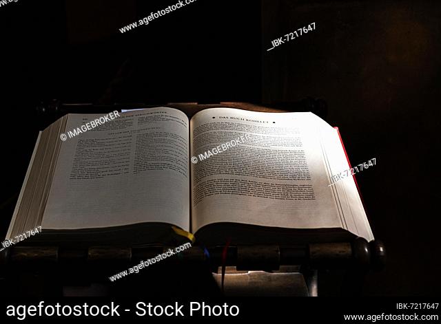 Bible opened on an altar in the church, Limburg, Hesse, Germany, Europe