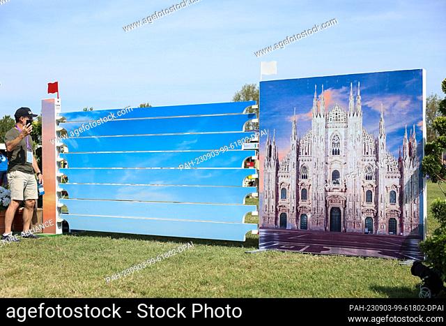03 September 2023, Italy, Mailand: Equestrian sport: European Championship, Jumping, Individual, Final with 2 rounds. View of an obstacle showing the Milan...