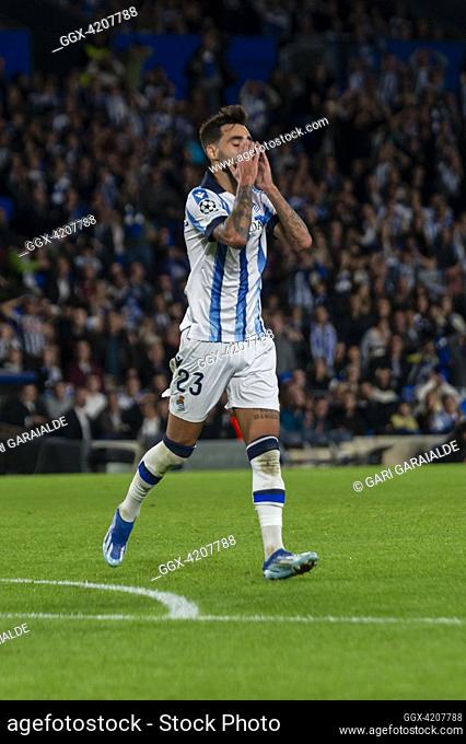 Brais Mendez of Real Sociedad reacts during the UEFA Champions League match between Real Sociedad and Salzburg FC at Reale Arena. Donostia (Spain)