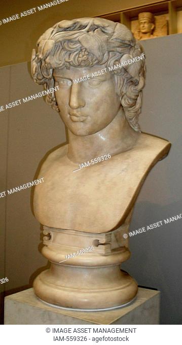 Marble bust of Antinous. Made in Rome AD130-38. From the Janiculum, Rome, Italy. Antinous, Hadrian's lover, was Greek from Bithynia (northern Turkey)