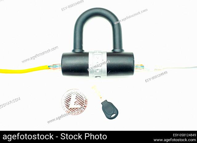 Two computer network cables going through a lock with a key and a crypto currency coin, depicting digital security, cybersecurity or internet security