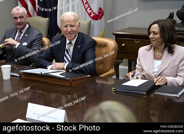 U.S. President Joe Biden speaks while flanked by Governor Phil Murphy (Democrat of New Jersey) and US Vice President Kamala Harris