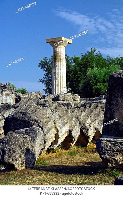 A remaining column at the Temple of Zeus at ancient Olympia, Greece