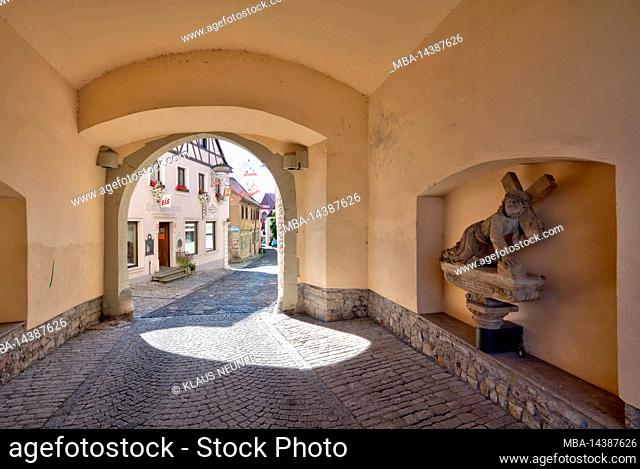 Muscovy bakery, Falter gate, city gate, house facade, town view, autumn, Dettelbach, Franconia, Bavaria, Germany, Europe