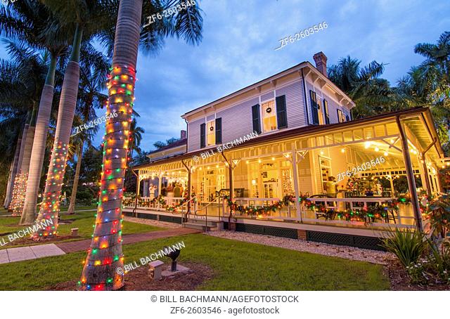 Thomas Edison inventor home and museum in Ft Myers Florida Christmas Lights at exterior of Main House with palm trees and grounds