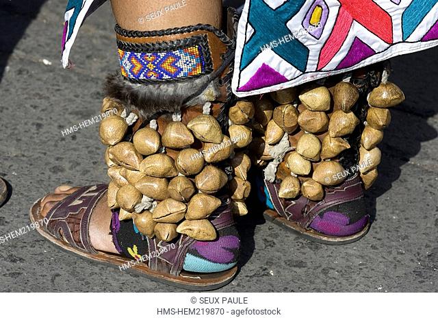 Mexico, Federal District, Mexico City, Zocalo Square, Aztec dancer wearing huaraches Mexican sandals