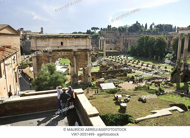 The Roman Forum and Palatine Hill. In the foreground, the Arch of Septimius Severus. A Unesco World Heritage Site. Rome, Italy
