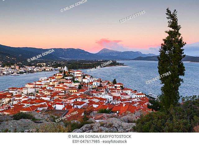 View of Poros island and Galatas village in Peloponnese, Greece.