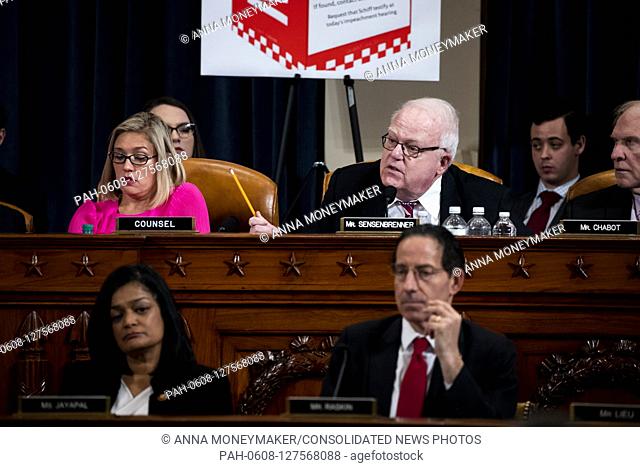 United States Representative F. James Sensenbrenner (Republican of Wisconsin), top center, speaks during a public impeachment inquiry hearing with the US ouse...