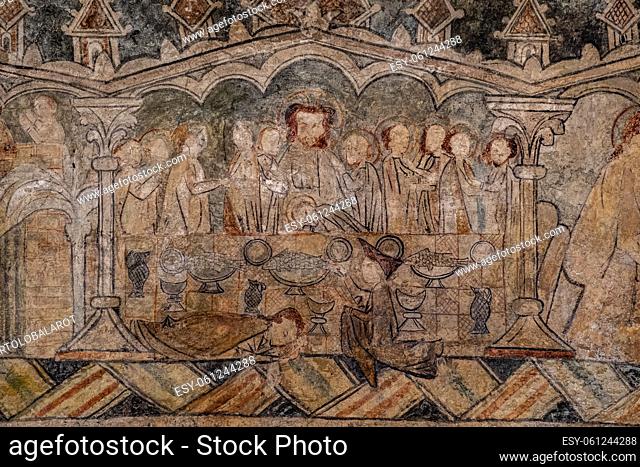 Last Supper of Christ, Gothic paintings, Church of San Martín de Tours, Gazeo, Ã. lava, Spain, Europe