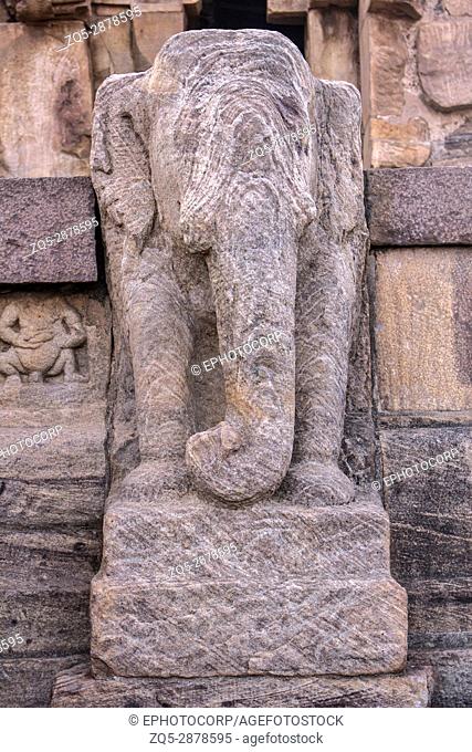 Elephant Pillar at the entrance of Upper Shivalaya temple, North Badami Fort, Karnataka