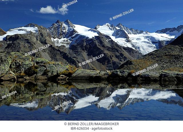 Mountain scenery reflected in glacial lake, Gran Paradiso National Park, Italy, Europe