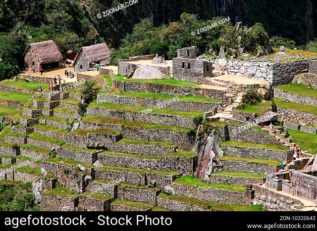 Agricultural stone terraces at Machu Picchu in Peru. In 2007 Machu Picchu was voted one of the New Seven Wonders of the World