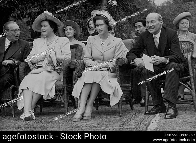 Tennis Exhibition Matches.H.M. the Queen H.R.H. Princess Margaret, and the Prime Minister, Rt. Hon. C.R. Attlee, watching the stars at play at Highest to-day