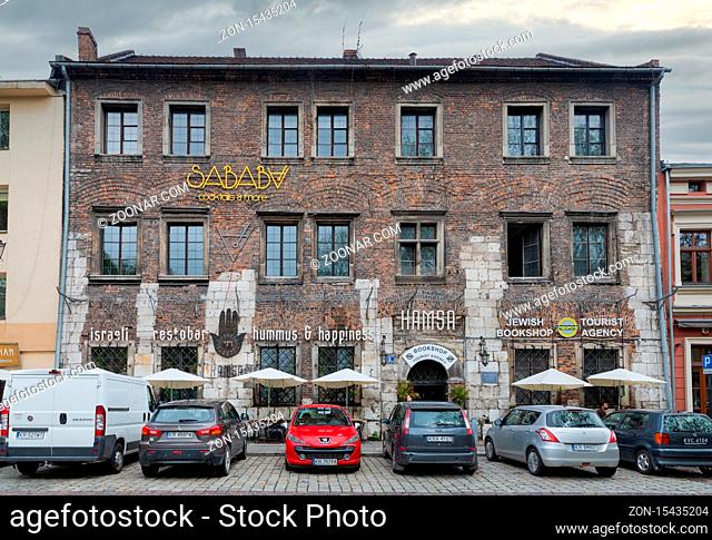 Krakow, Poland - May 16, 2019: Facade restaurant and bookshop Sababa in Jewish Quarter Kazimierz in Krakow