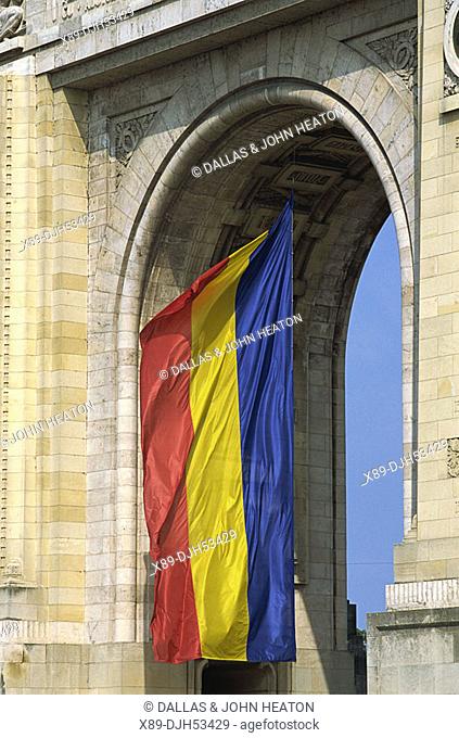 Romania, Bucharest, Triumphal Arch Arcul de Triumf, Romanian Flag