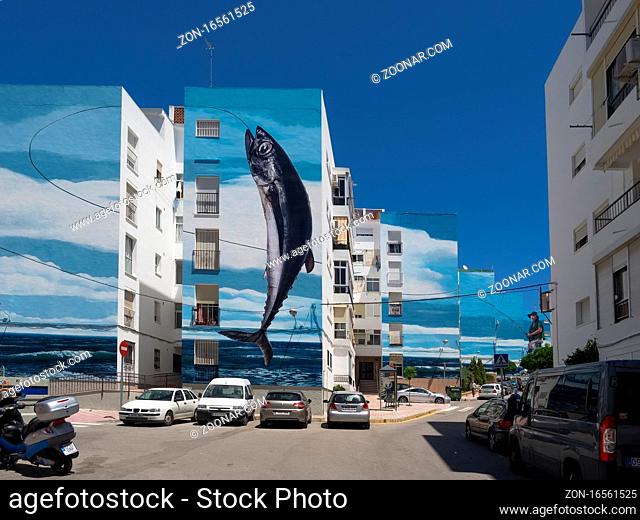 ESTEPONA, ANDALUCIA/SPAIN - MAY 5 : Fishing Day mural by Jose Fernandez Rios in Estepona Spain on May 5, 2014. Unidentified people
