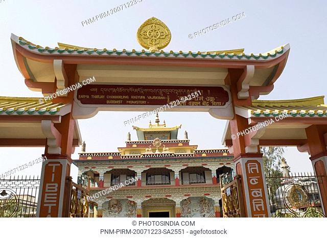 Low angle view of the entrance of a monastery, Tibetan Monasteries, Bodhgaya, Gaya, Bihar, India