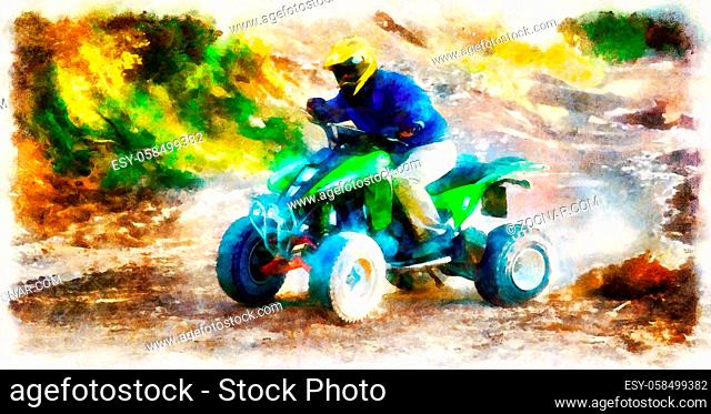 racer with yellow helmet on green quad enjoying his ride outdoors. Computer painting effect
