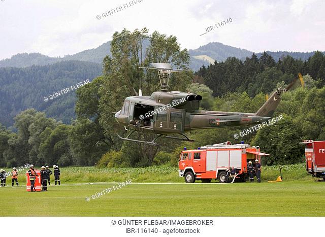 Assistance helicopter Augusta Bell 212 of the Austrian federal army prepares itself for a fire-fighting operation Kapfenberg, Styria, Austria