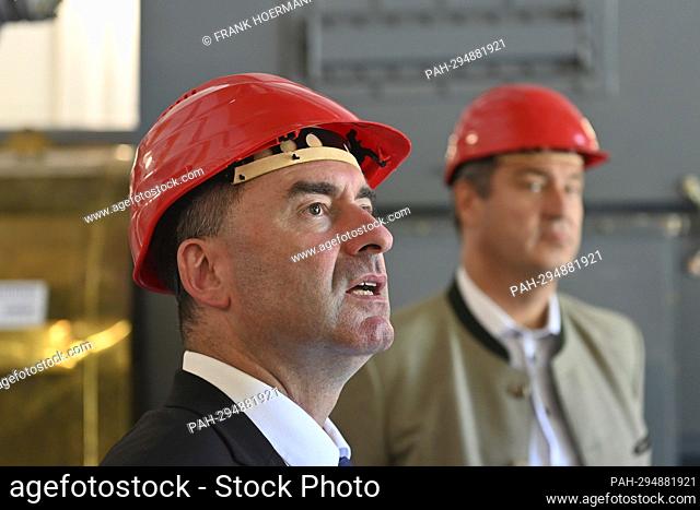 Prime Minister Dr. Markus Soeder and Economics Minister Hubert Aiwanger with protective helmets visit the natural gas underground gas storage facility in...