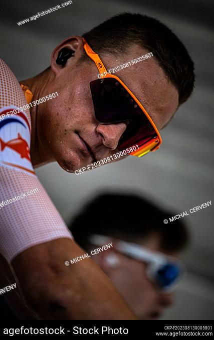 Dutch cyclist Mathieu van der Poel prepares before the World Mountain Bike Championships in Tweed Valley, Scotland, on August 12, 2023