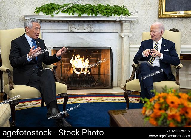 United States President Joe Biden meets with Prime Minister Lee Hsien Loong of Singapore, in the Oval Office of the White House in Washington, DC, Tuesday