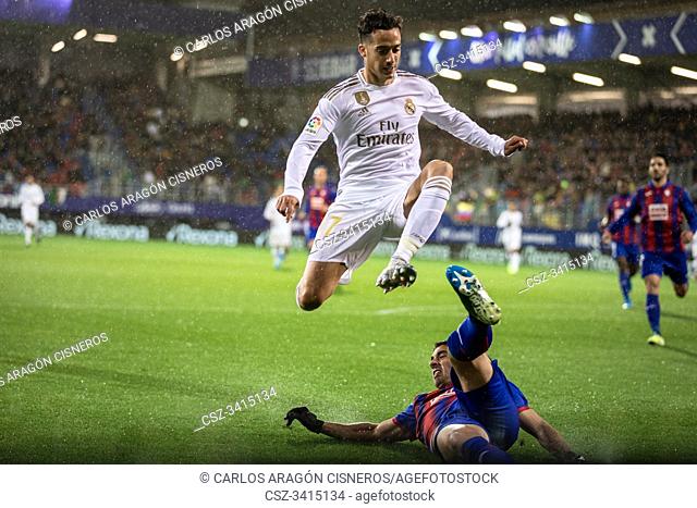 EIBAR, SPAIN - NOVEMBER 9, 2019: Lucas Vazquez, Real Madrid player, jump over an opponent during a Spanish League match between Eibar and Real Madrid at Ipurua...