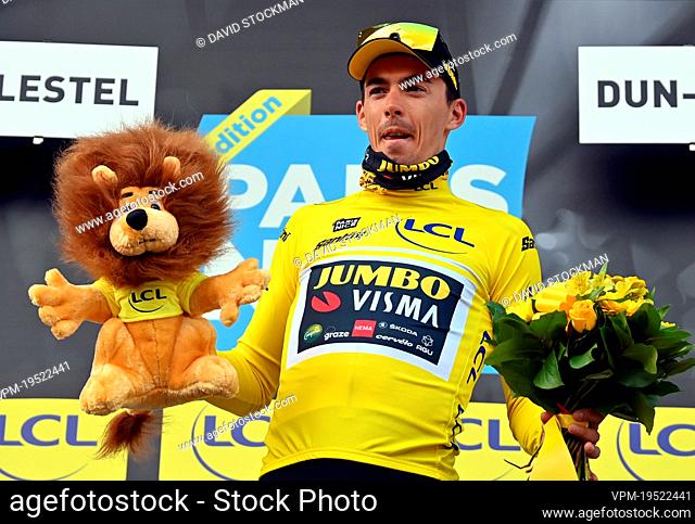 French Christophe Laporte of Jumbo-Visma celebrates in the yellow jersey of leader in the overall ranking after the third stage of 80th edition of the...