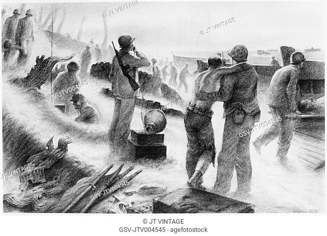 Wounded US Marines Being Escorted from Engebi Island to Land Craft for Transfer to Sick Bay for Treatment, Illustration, 1944