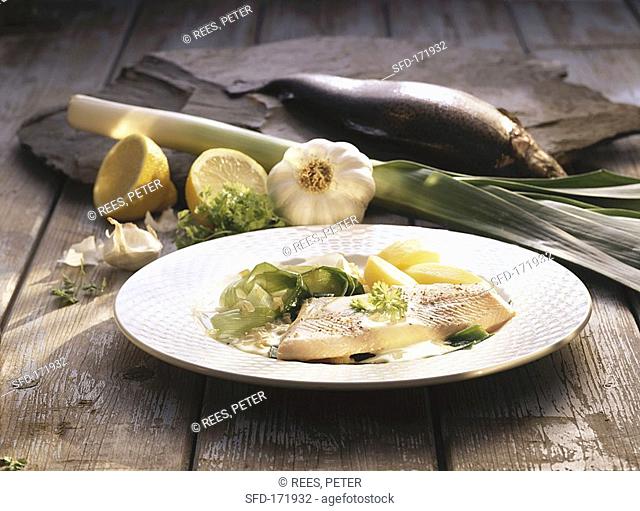 Barbecued sea trout with leeks and potatoes