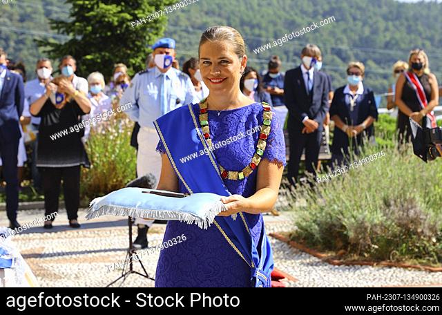 Seborga, Italy - August 20, 2020: Principality of Seborga: Enthronement of Princess Nina Menegatto from Germany. Inthronisation, Prinzessin, Principessa
