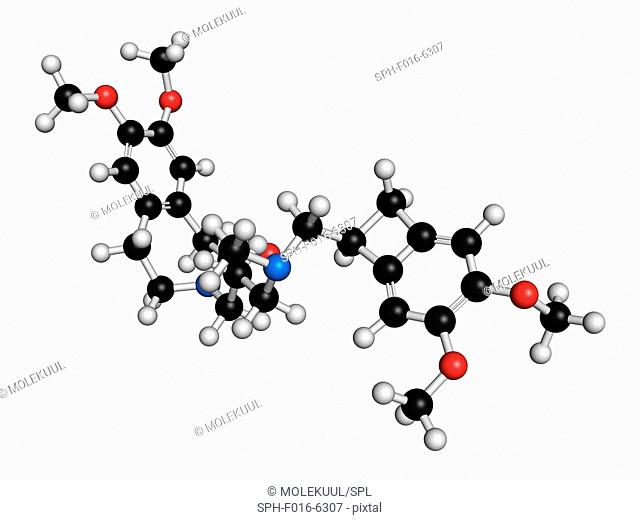 Ivabradine angina pectoris drug molecule. Atoms are represented as spheres with conventional colour coding: hydrogen (white), carbon (black), oxygen (red)