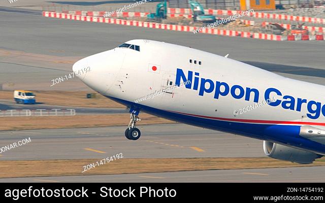 HONG KONG - NOVEMBER 10, 2019: Nippon Cargo boeing 747 departure from Hong Kong
