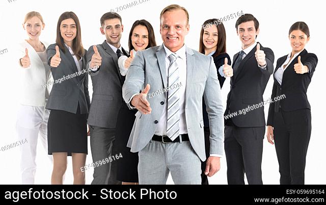 Happy business people cheering and showing thumbs up sign , manager with outstretched hand for greeting isolated over white background