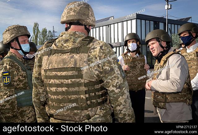 Foreign Affairs Minister Sophie Wilmes and Dutch Minister of Foreign Affairs Stef Blok pictured at a visit of a control point in Shchastya in the Donbass