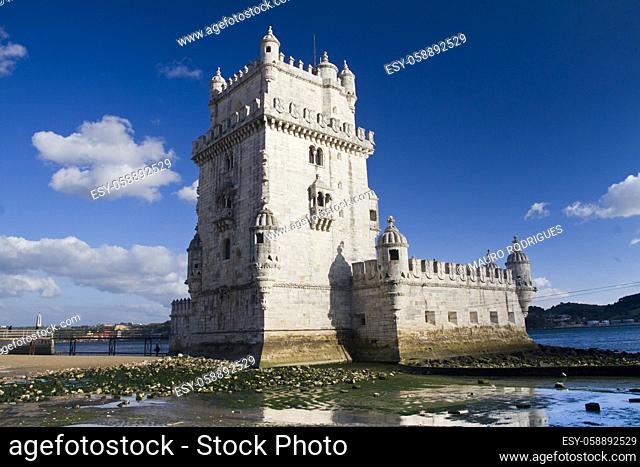 View of the beautiful monument Tower of Belem, located on Lisbon, Portugal