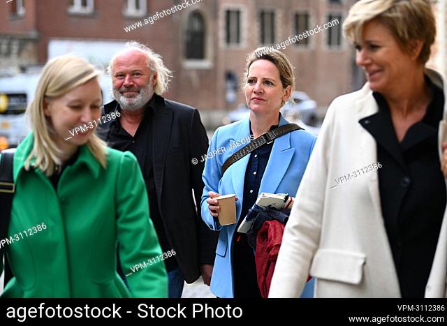 Maaike Cafmeyer and her partner, lawyer An-Sofie Raes and lawyer Christine Mussche pictured before the afternoon session at the Criminal Court in Mechelen in...
