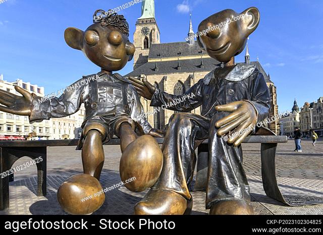 After repairs, the bronze statue of Czech comedy puppets Hurvinek and Spejbl, whose head was blown off by vandals at the beginning of September